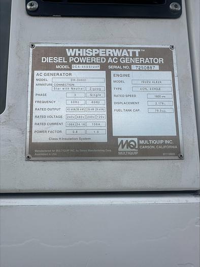 Used MQ MultiQuip WhisperWatt 45 KVA 36 Kw towable generator DCA-45SSIU4F 4422 HRS