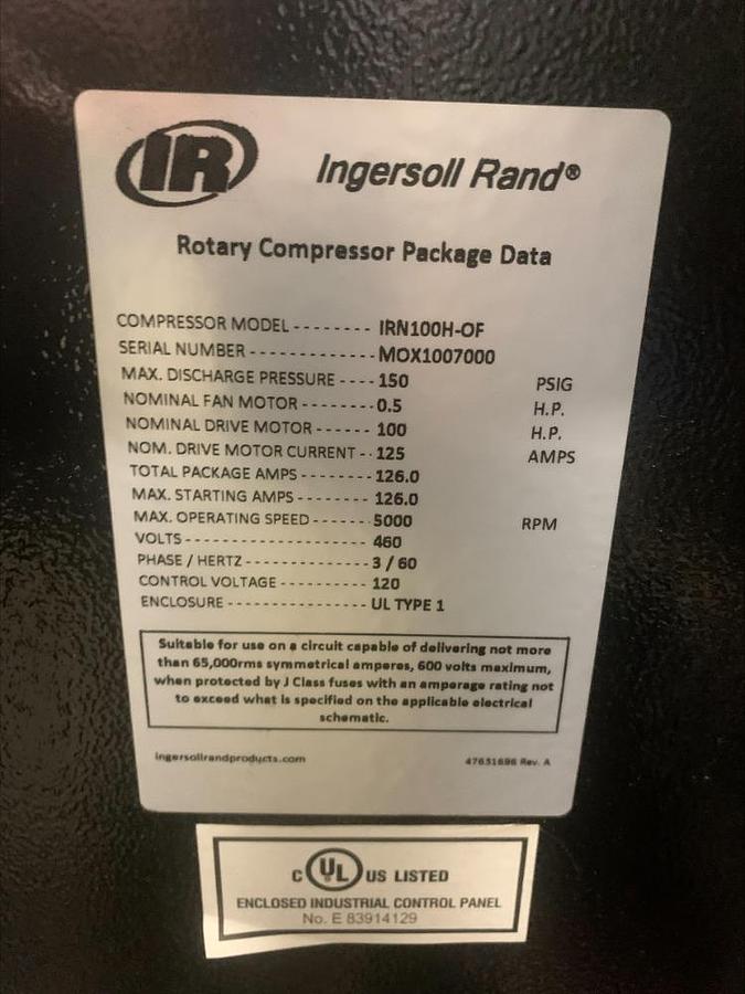 Used 2022 Ingersol Rand IR IRN100H OF Oil Free Oil Less 100 Hp Rotary Screw Air Compressor