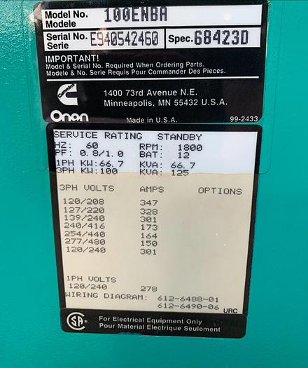 Used Cummins Onan ENBA 100 Kw LP/NG Natural Gas or Propane Standby Generator 1 & 3 ph