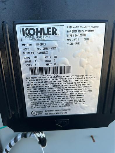 Used Kohler 400 AMP Automatic Transfer Switch for Standby Generator 480v