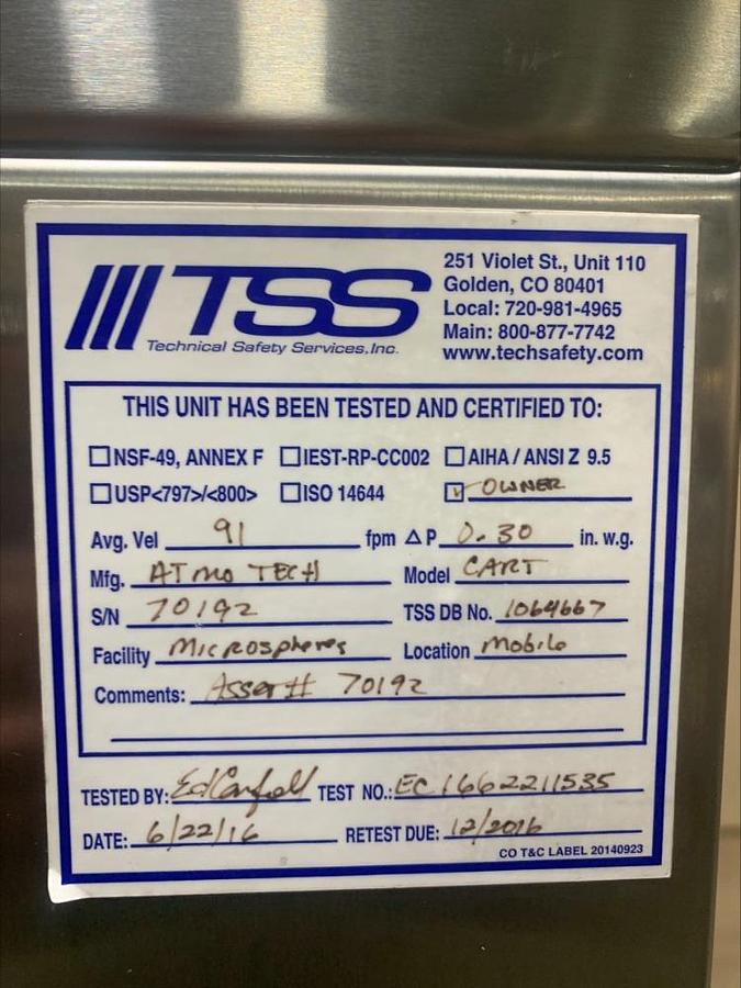 Used Atmos Tech Industries Cross Flow Lab Cabinet Cleanroom Portable Transport Cart