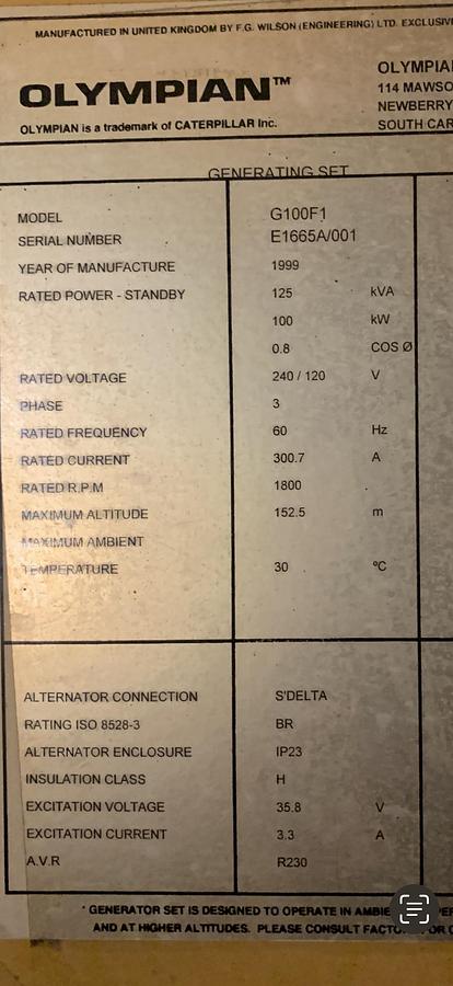Used Caterpillar Cat Olympian G100F1 Natural Gas Propane 100 Kw Standby Generator 810