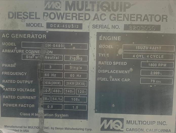 Used MultiQuip WhisperWatt MQ 45 KVA Towable Diesel Generator DCA-4SUS12