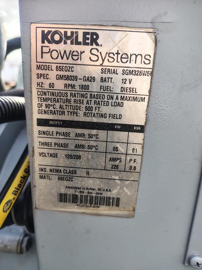 Used Kohler 65EOZC Marine Diesel Generator Large Boat Ship 65kW 3 phase