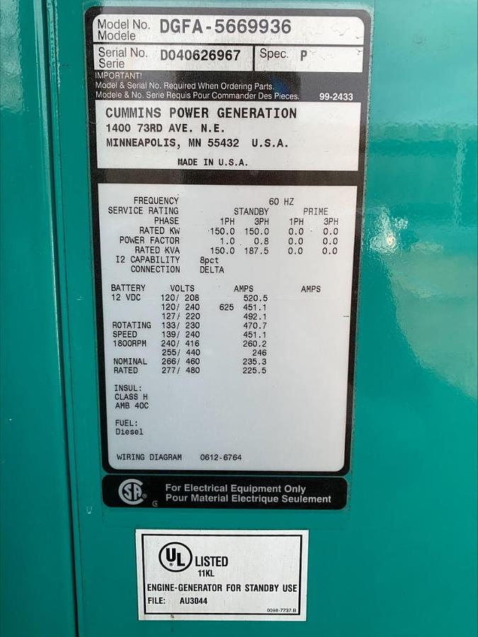 Used Cummins Onan DGFA 150 Kw Diesel Standby Generator w Switch 966 HRS 135 Kw Prime