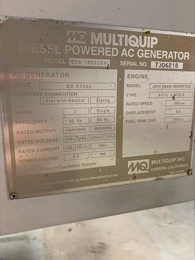 Used MQ MultiQuip WhisperWatt 70 KVA 56 Kw towable generator DCA-70SSJU4i 4753 HRS