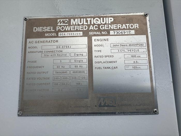 Used MQ MultiQuip WhisperWatt 70 KVA 56 Kw towable generator DCA-70SSIU4F 5736 HRS