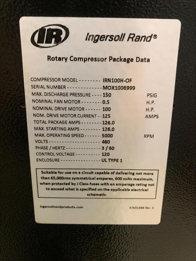 Used 2022 Ingersol Rand IR IRN100H OF Oil Free 100 Hp VSD Rotary Screw Air Compressor