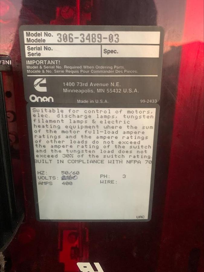 Used Cummins Onan DGFA 150 Kw Diesel Standby Generator w Switch 966 HRS 135 Kw Prime