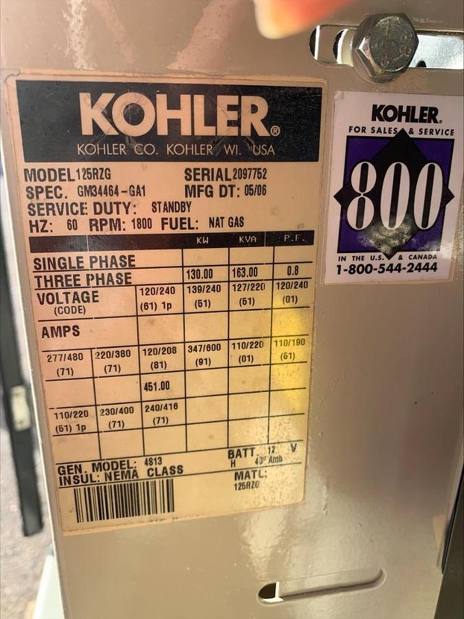 Used Kohler 125RZG 125Kw Standby & Prime Natural Gas Propane Generator 676 Hrs
