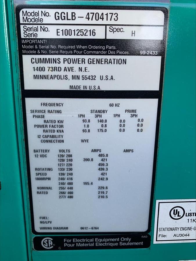 Used 2010 Cummins Onan GGLB 150 Kw Natural Gas or Propane Standby Generator