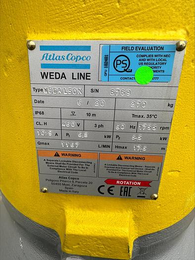 New 2020 Atlas Copco Weda D80N 31 Hp 6" Submersible Drainage Water Sump Pump