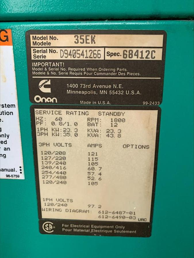 Used Onan Cummins 35EK 35 Kw Natural Gas Propane Standby Generator