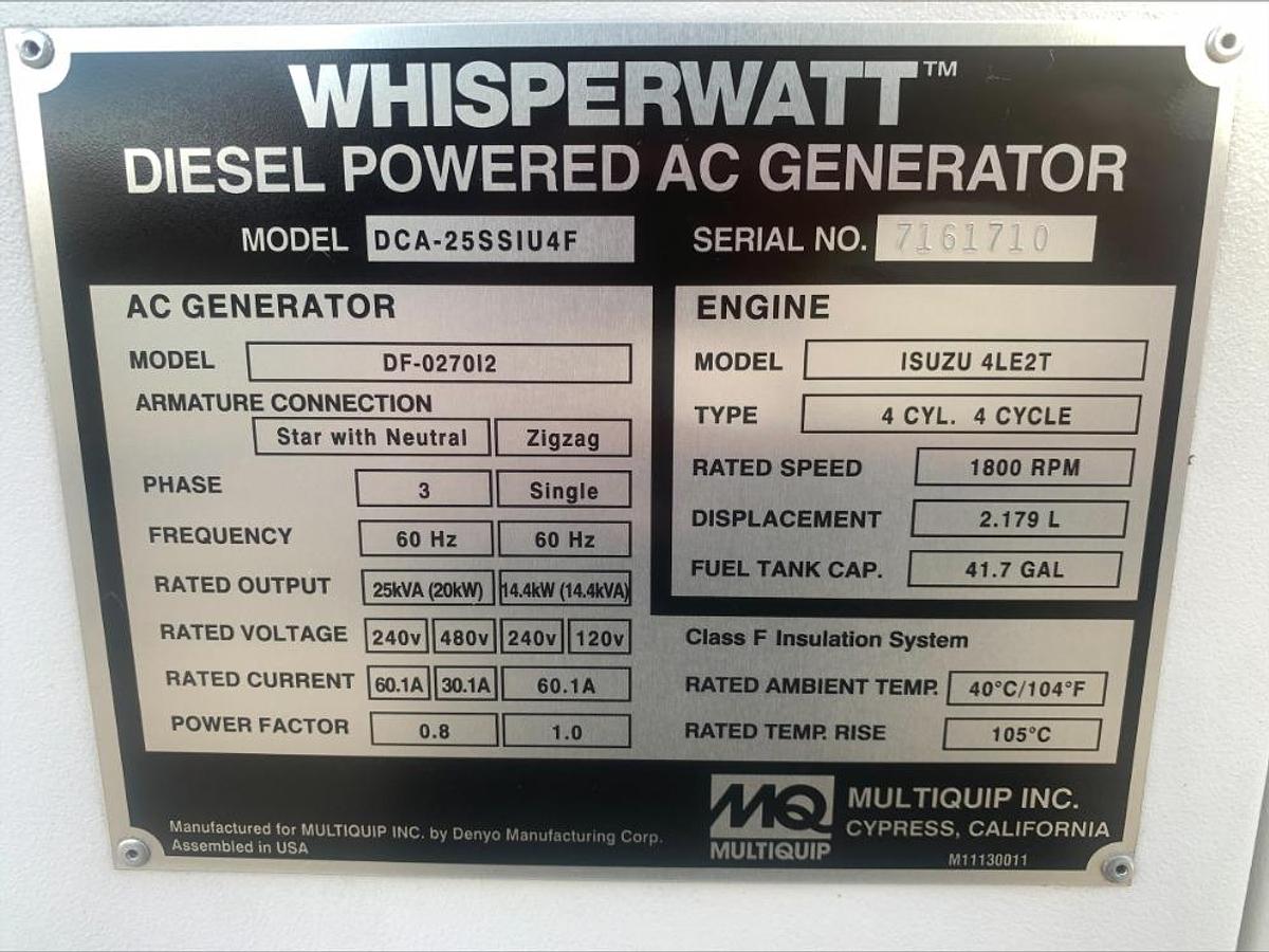 Used 2023 MultiQuip MQ25 20 Kw WhisperWatt Diesel Towable Generator DCA-25SSIU4F 2129
