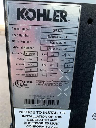 Used 2018 Kohler 50REZGQ 50 Kw LP Propane Standby Generator 237 Hrs!