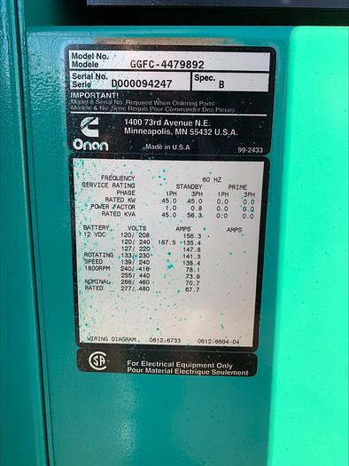 Used Cummins Onan GGFC 45 Kw LP/NG Natural Gas or Propane Standby Generator 1 & 3 ph
