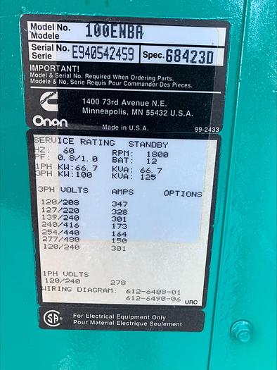 Used Cummins Onan ENBA 100 Kw LP/NG Natural Gas or Propane Standby Generator 1 & 3 phase