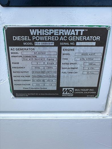 Used MQ MultiQuip WhisperWatt 25 KVA 20 Kw towable generator DCA-25SSIU4F 5222 HRS