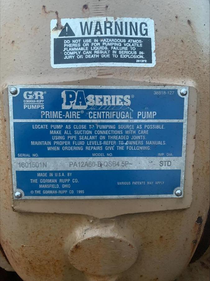 Used 2016 Gorman Rupp PA12A60-B 12" Water Pump Prime Aire Diesel 130 Hp Cummins 6031 Hrs