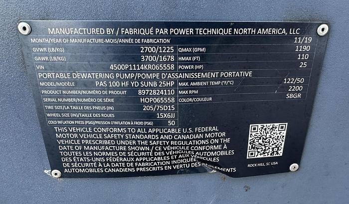 Used 2019 Atlas Copco PAS 100 HF YD 4" Diesel Towable Water Dewatering Pump 847 Hours