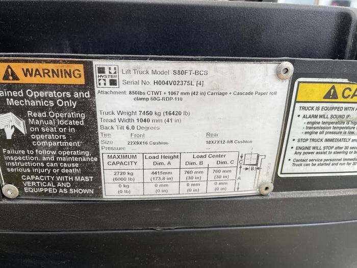 Used 8,000 POUND HYSTER MODEL S80FTBCS MFG. 2013 173" RAISED MAST WITH FORKS