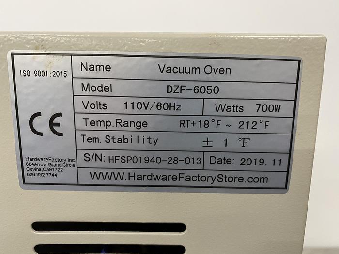 Used 2019 HFS DZF-6050 1.9 CuFt Vacuum Oven Temperature Range 18 to 212° F 110V