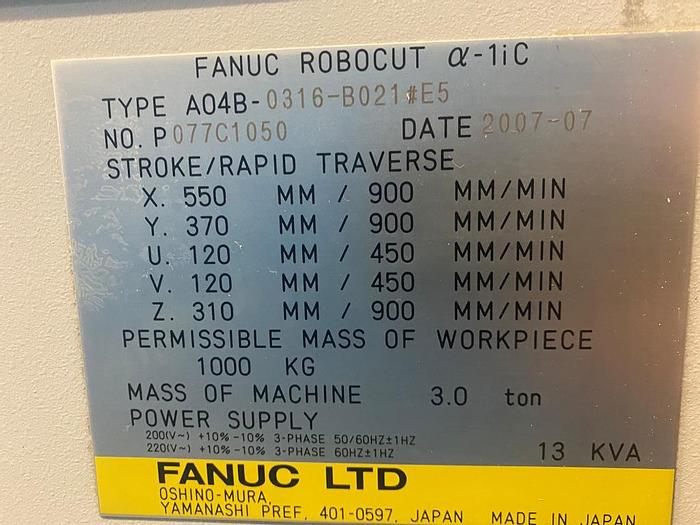 Used 2007 Fanuc Alpha-1iC WIre EDM Machine