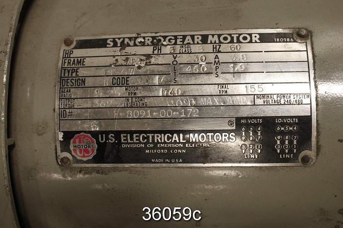 Used US Electric F-8091-00-172 Syncrogear Motor, 1 Hp, 1.25/1 Ratio #36059