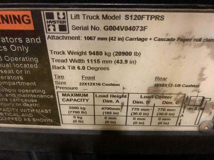 Used 12,000 POUND HYSTER MODEL S120FTPRS ROLL CLAMP TRUCK MFG. 2008
