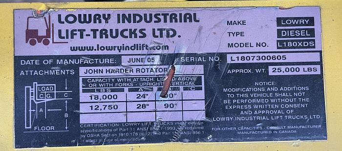 Used LOWRY INDUSTRIAL L180XDS, 18,000 LB DIESEL FORKLIFT