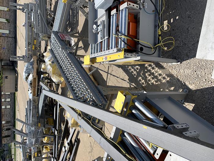Used CONVEYOR SECTIONS, BALL, ROLLER, POWERED PLC CONTROLLED TRANSFER CONVEYOR,  SAFTEY FENCING