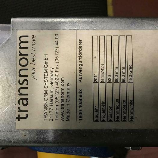 Gebraucht TRANSNORM Kurven Gurtförderer/ Förderband Kurve 180° 1600-105 helix