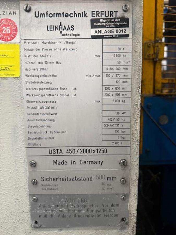 Used LEINHAAS ERFURT USTA 450/2000x1250 High-precision stamping press