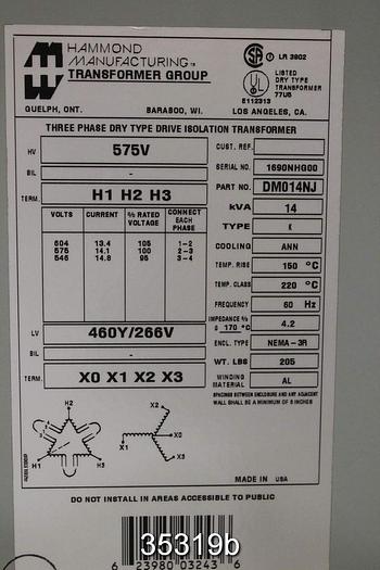 Used Hammond Manuf DMO14NJ 3 Phase Transformer, 14Kva #35319