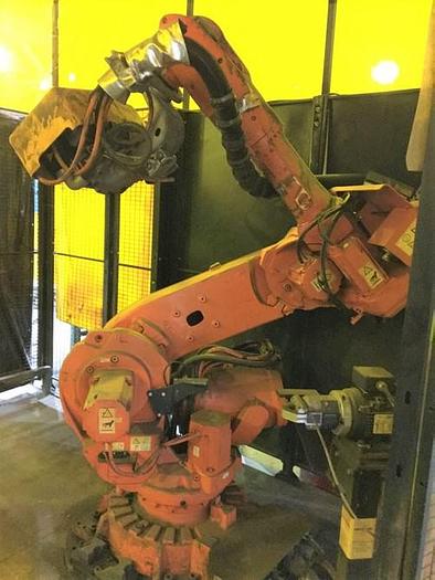 Used ABB IRBP C-1000 SPOT WELDING CELL WITH TWO ABB IRB 6640 180/2.55 ROBOTS & IRC 5 CONTROLLERS & ARO SERVO SPOT WELD GUNS