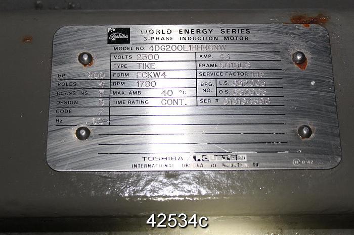 Used Toshiba 4DG200L1HHRC A/C Motor, 200 Hp, 1800 Rpm, 5010US Frame #42534