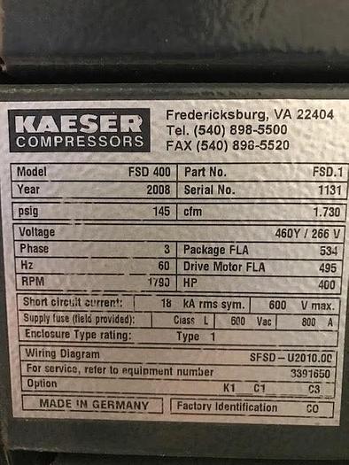 Used KAESER AIR COMPRESSOR 400 HP MODEL FSD 400 MFG. 2009 W/ AIR DRYER