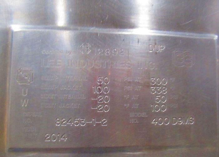 Used 400 GALLON LEE COUNTER-ROTATING SWEEP MIX TANK - 316 S/S - JACKETED