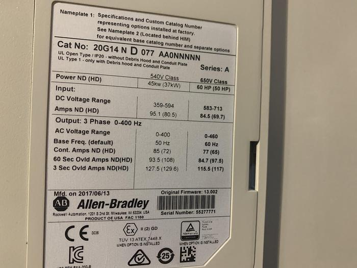 Used ALLEN BRADLEY POWERFLEX 755 DRIVE 60 HP