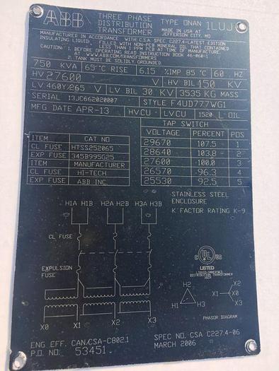 Used 2013 ABB 750 KVA, 27600 Delta 460 Y/265 Transformer