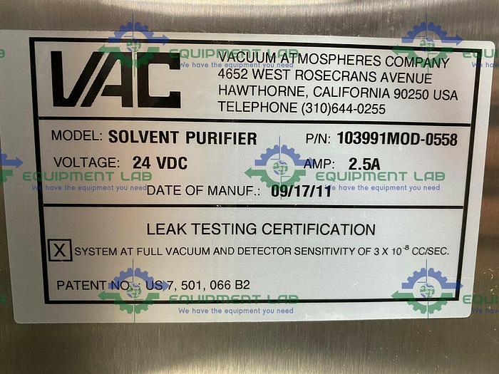 Used Vacuum Atmospheres Company Stainless Steel Solvent Purifier Recirculating System
