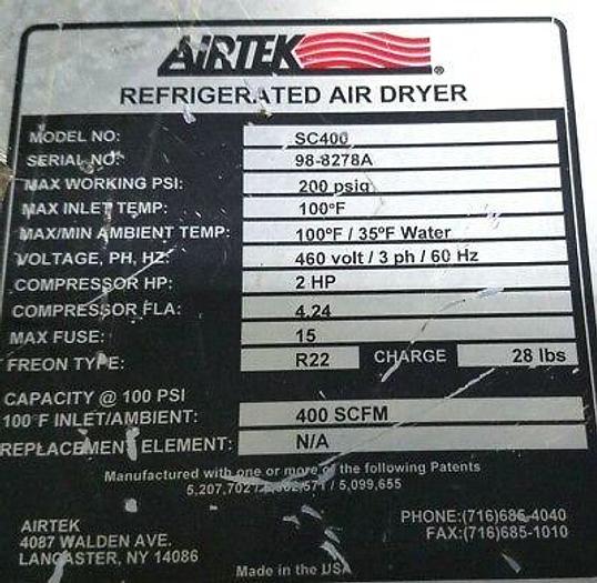 Used Airtek Smart Cycle SC400 400 CFM Refrigerated Air Dryer for Compressor