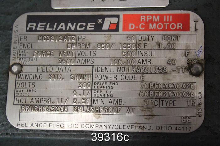 Used Reliance 60 HP DC Motor, 850/1250 RPM, 500 Volts #39316