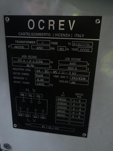 Used 2008 OCREV Transformer Station 650 KVA