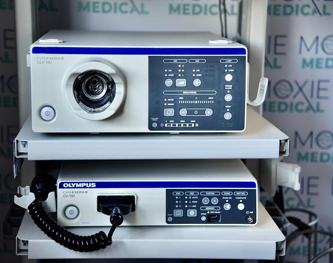 Used Olympus CV-190 Evis Exera III Video System, CLV-190 Xenon Light Source, Monitor and Keyboard with Mobile Endoscopic Workstation