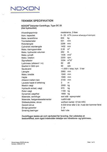 Used NOXON – DC 20 decanter, for sludge dewatering