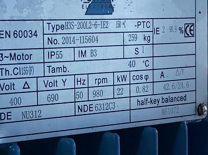 Elektromotor mit Flansch und Fuss, H3S-200L2-6-IE2, 22KW, 980 rpm, Pfeiffer, neu -50%