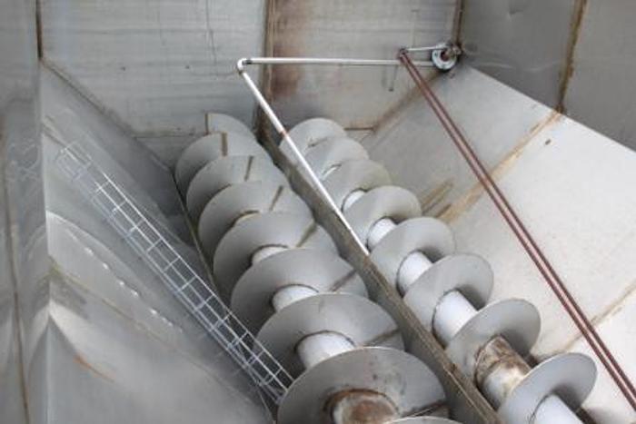 Used Binge (hopper) – for 30 m3 of meat discards. This binge contains two stainless steel (new) conveyors – each controlled by separate Reynold gear motors.