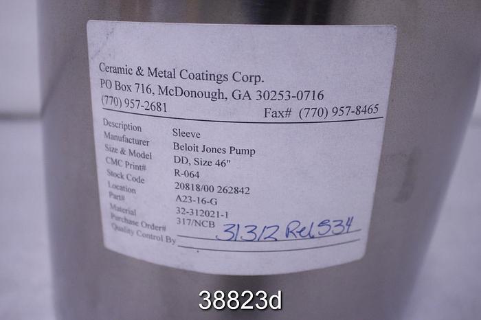 Unused Beloit Jones DD4000 Refiner Sleeve, 42/46"M 317/NCB Material #38823