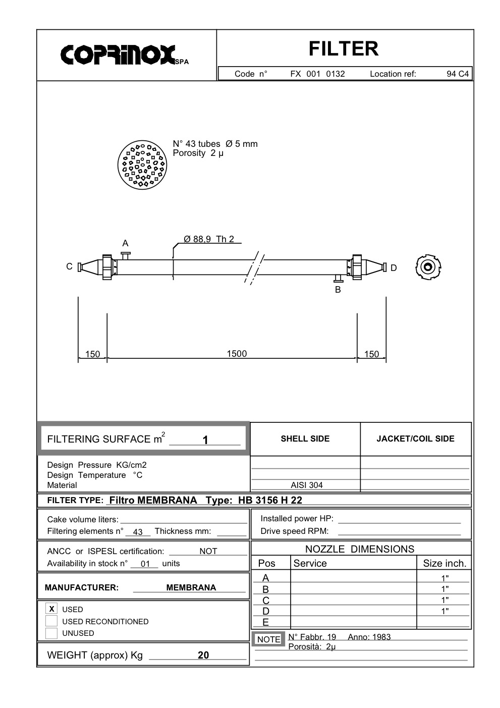 Usato Filtro MEMBRANA HB 3156 H 22